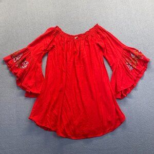 Feathers blouse top bell sleeve Red Size XL Floral Embroidery Top‎